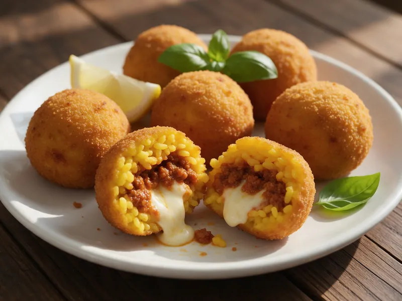 Arancini auf einem Teller, eines aufgeschnitten mit Reis, Ragù und Mozzarella