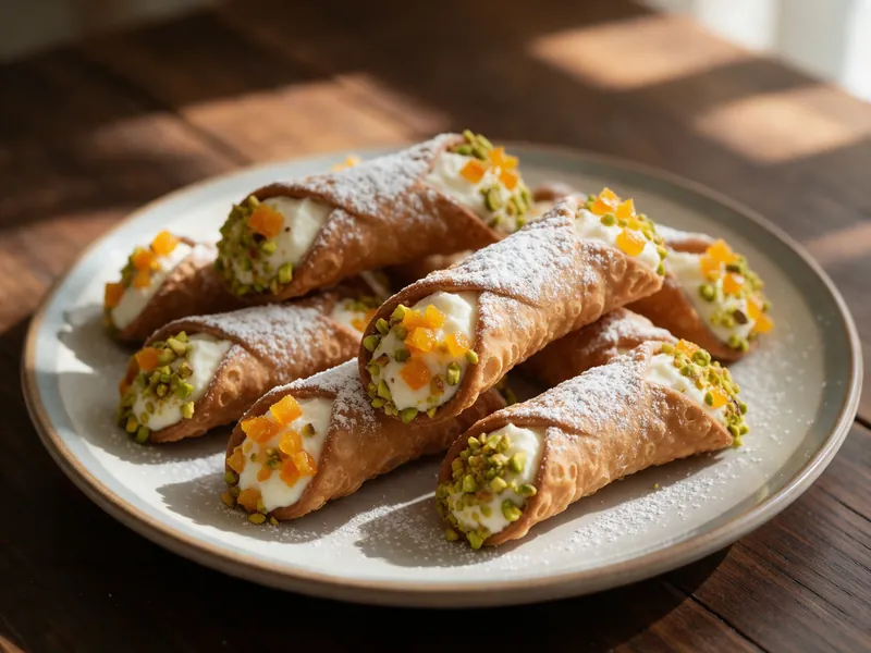 Sizilianische Cannoli mit Ricotta, Pistazien und Orangenstückchen