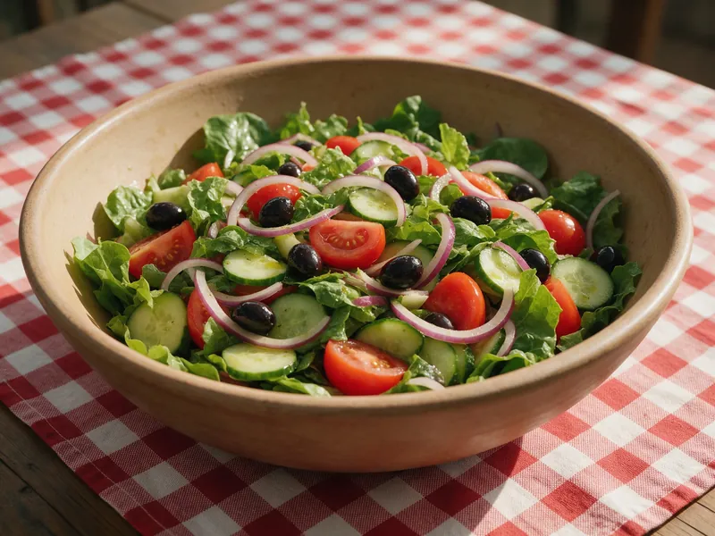 Grosse Schüssel gemischter Salat mit Tomaten, Gurken, Zwiebeln und Oliven